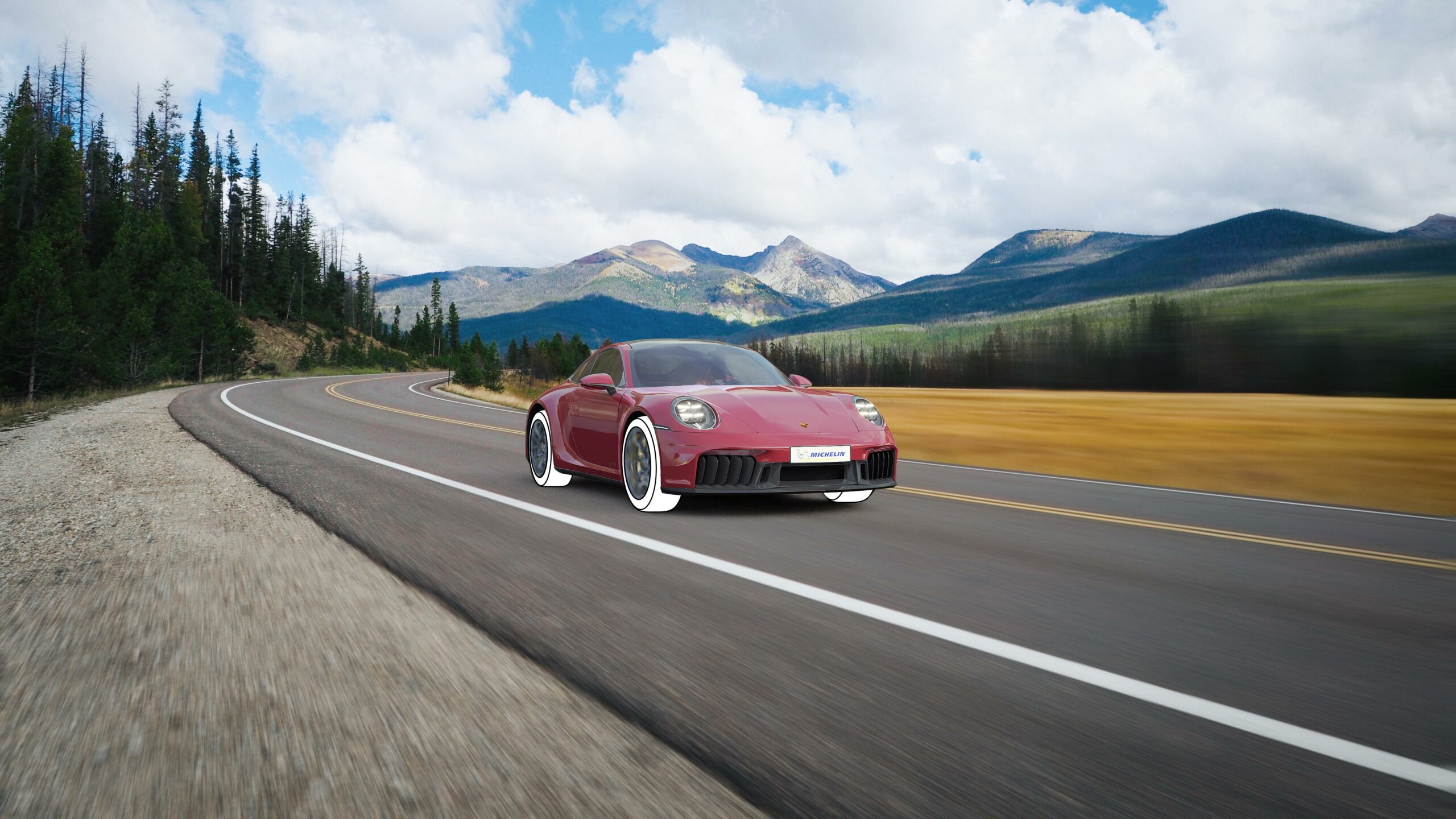 voiture de sport avec pneus michelin sur une route de montagne